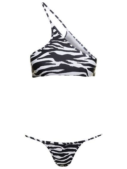 One Shoulder Bikini Set With All Over Zebra Print In Technical Fabric