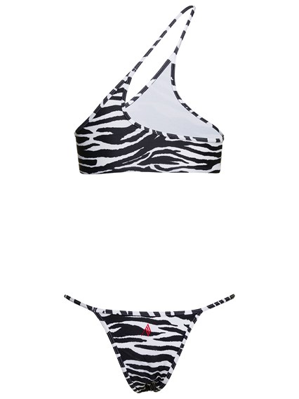 One Shoulder Bikini Set With All Over Zebra Print In Technical Fabric