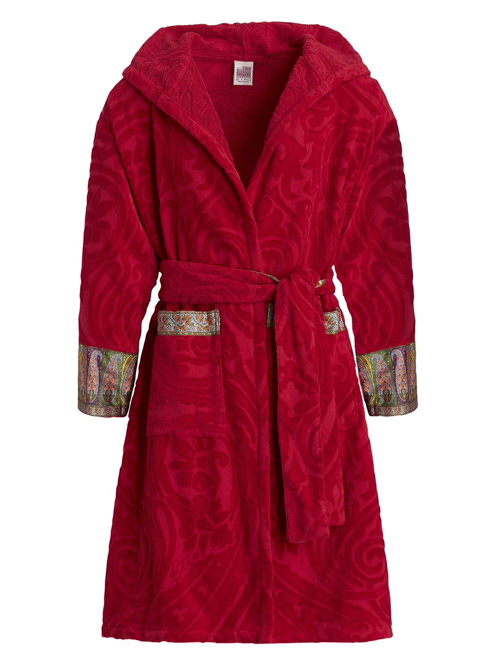 ETRO New Tradition Red Hooded Bath Robe With Ornamental Print Etro Home Bathrobes　新しい伝統の赤いフード付きバスローブ、装飾プリント付きエトロホームバスローブ