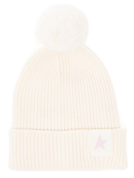 Ribbed White Cotton and Wool Hat with Pom Pon detail Girl Golden