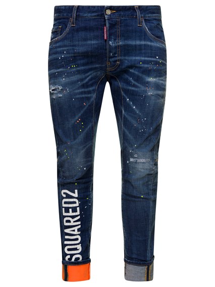 Tidy Biker' Dark Blue Pockets Jeans Distressed and Paint Stains Details in Cotton Denim Dsquared2 Blu available on Gaudenzi Boutique - US