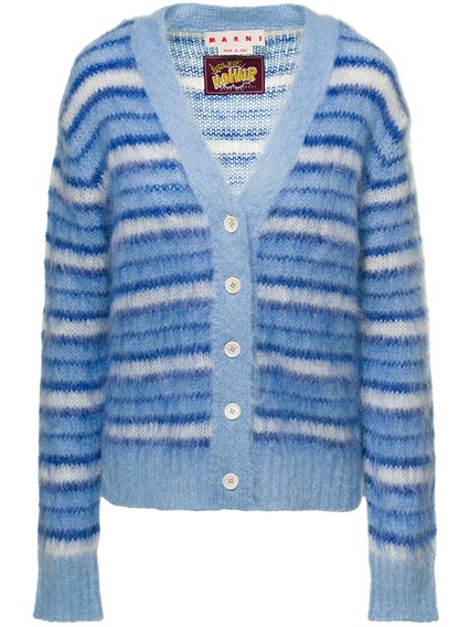Light Blue Striped Cardigan in Brushed Mohair Woman Marni