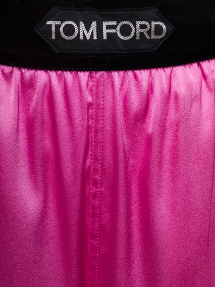 Fuchsia Satin Pants with Logo on Waistband in Stretch Silk Woman Pink  available on Gaudenzi Boutique - US