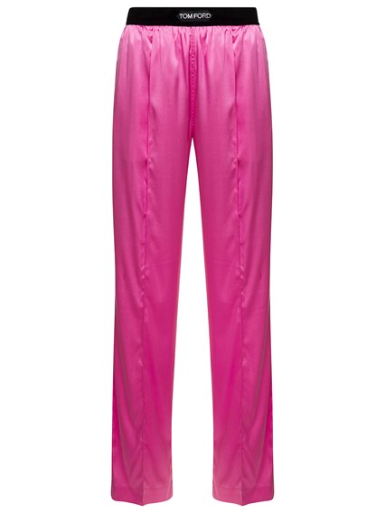 Fuchsia Satin Pants with Logo on Waistband in Stretch Silk Woman Pink  available on Gaudenzi Boutique - US