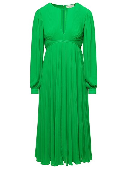 Midi Green Pleated Dress with V Neck and Blouson Sleeves in Recycled  Polyester Blend Woman MICHAEL MICHAEL KORS Price | Gaudenzi Boutique