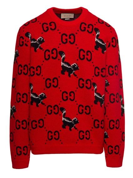 Red Jumbo GG and Skunks Intarsia Knit Sweater in Wool Man Gucci GUCCI Price Gaudenzi Boutique