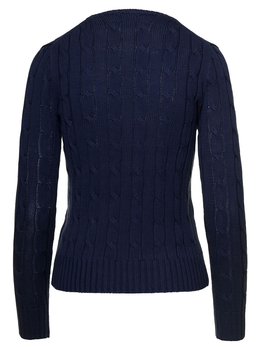 'Juliana' Blue Cable Knit Pullover with Contrasting Embroidered Logo in ...