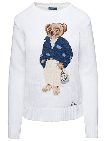 White Knit Jumper with Polo Bear Intarsia on the Chest in Cotton Woman White  available on Gaudenzi Boutique - US