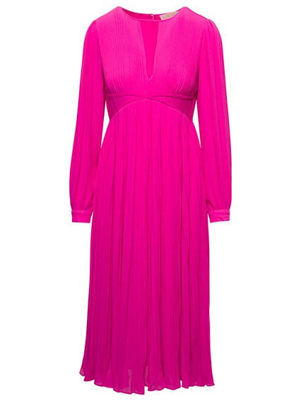 Midi Fuchsia Pleated Dress with V Neck and Blouson Sleeves in Recycled  Polyester Blend Woman MICHAEL MICHAEL KORS Price | Gaudenzi Boutique