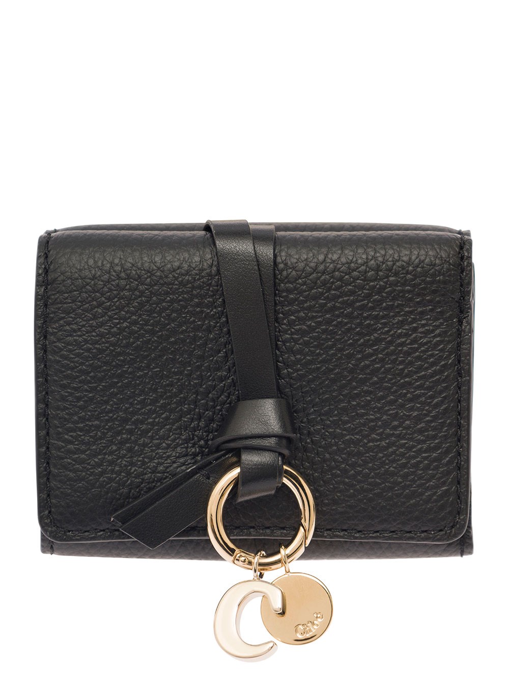 'Alphabet' Black TriFold Wallet with Charm and Leather Link in Grainy