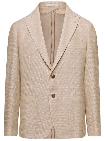 Beige SIngle-Breasted Jacket with Logo Charm in Heavy Linen Blend