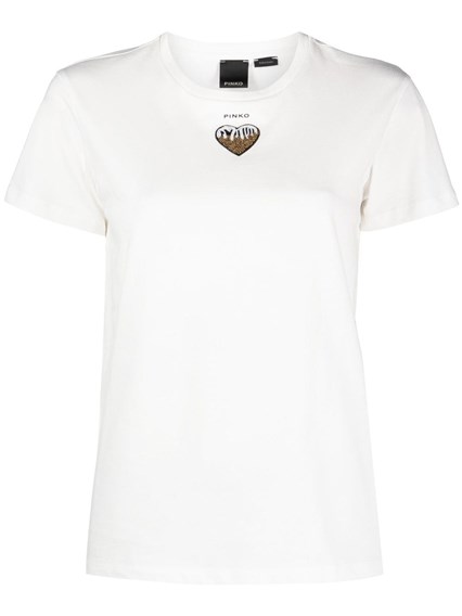 White T-Shirt with Logo and Heart Embroidered with Beads in Cotton Woman  White available on Gaudenzi Boutique - AU