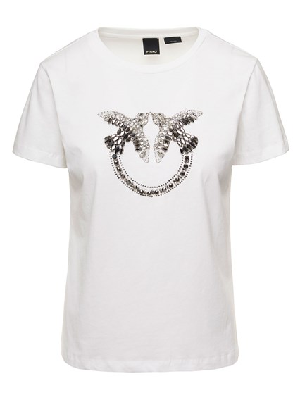 Quentin' White T-Shirt with Rhinestone Logo in Cotton Woman PINKO Price | Gaudenzi Boutique