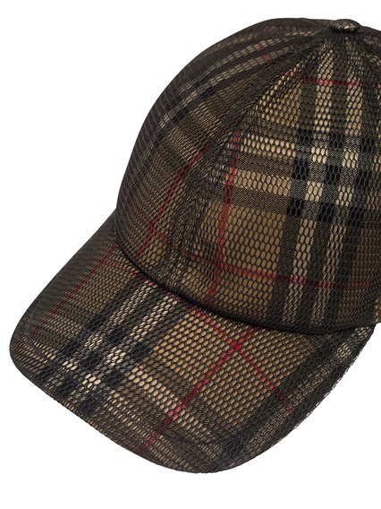 Brown Baseball Cap with Vintage Check Motif and Mesh Overlay in