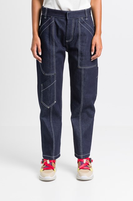 dark denim jeans with white stitching