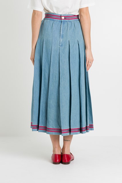 pleated denim skirt