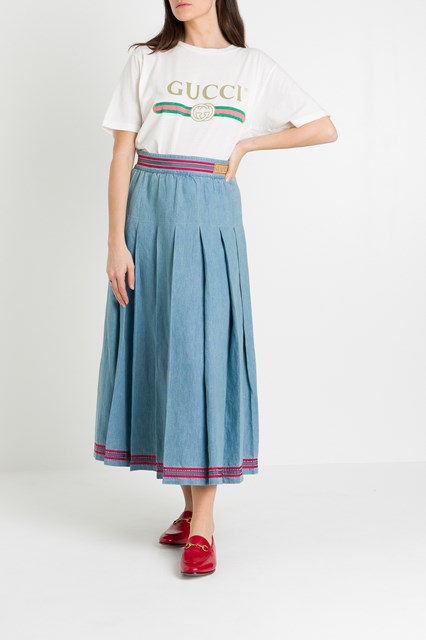 pleated denim skirt