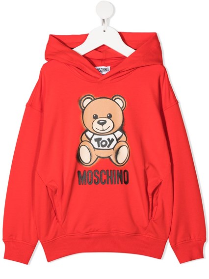 Jersey Hoodie with Teddy Bear Print Red 