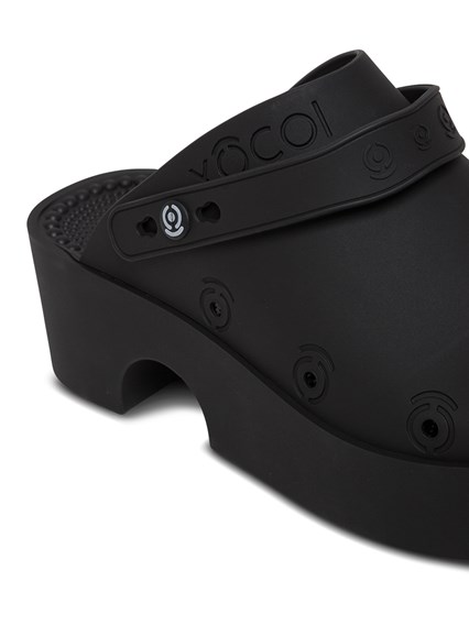 black rubber clogs