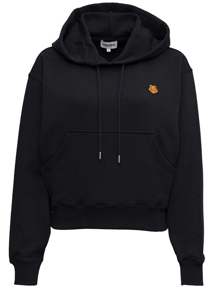 Black Cotton Hoodie with Logo Patch 
