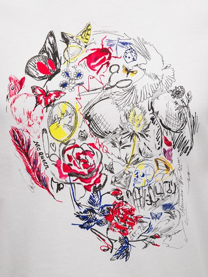 White Cotton T-shirt with Flower Skull Print
