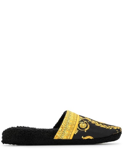 sæt grim til eksil Black and Gold House Slippers in Cotton and Terry with Baroque Print VERSACE  HOME Price | Gaudenzi Boutique