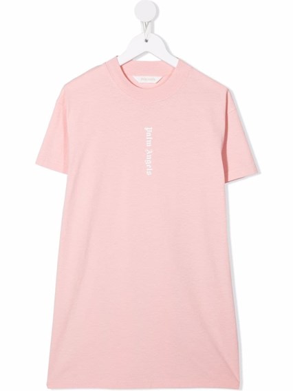 Pink Cotton T-Shirt with Vertical Logo 