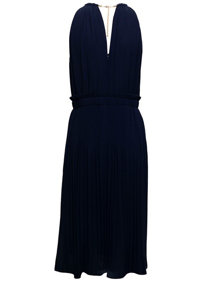 Blue Pleated Dress with Metal Crew Neck 